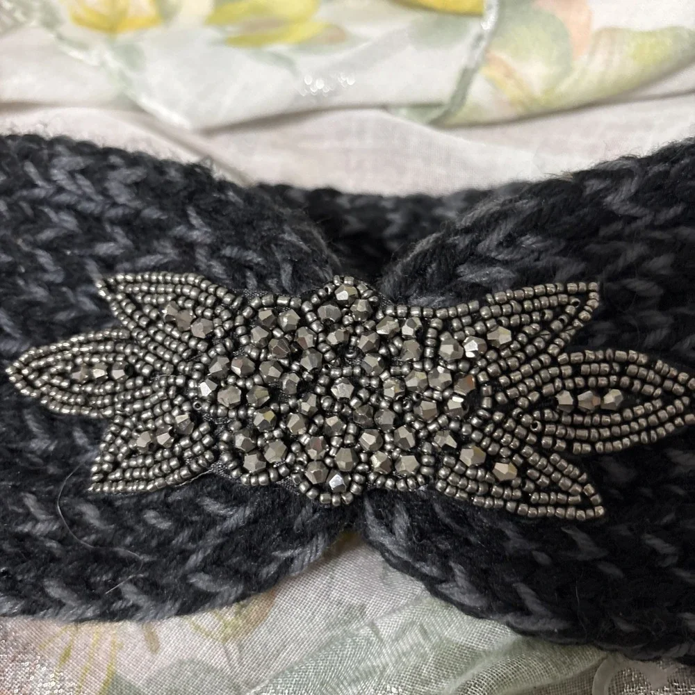 Crocheted Yarn Hair  Band Black And‎ Gray with Jeweled Accent